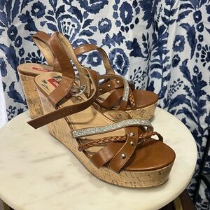 MIA Tan Wedge Sandals with Silver Accents